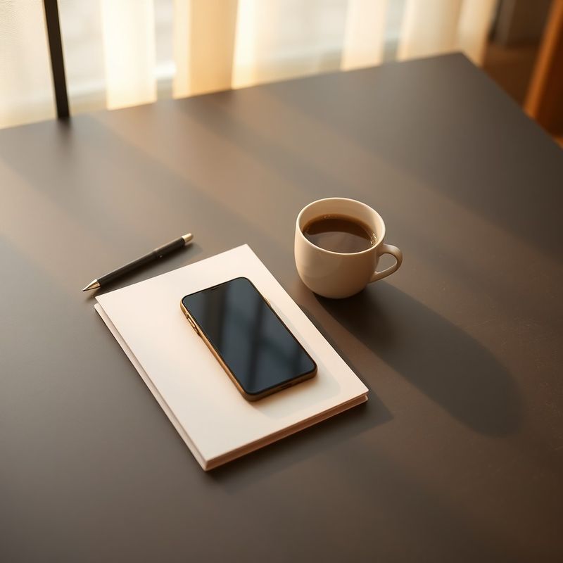Birou minimalist cu un carnețel deschis, un telefon și o cană de cafea în lumină caldă